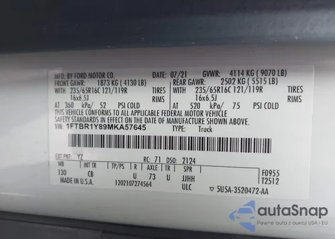 2021 Ford Transit-250 из США, поврежденный, VIN 1FTBR1Y89MKA57645